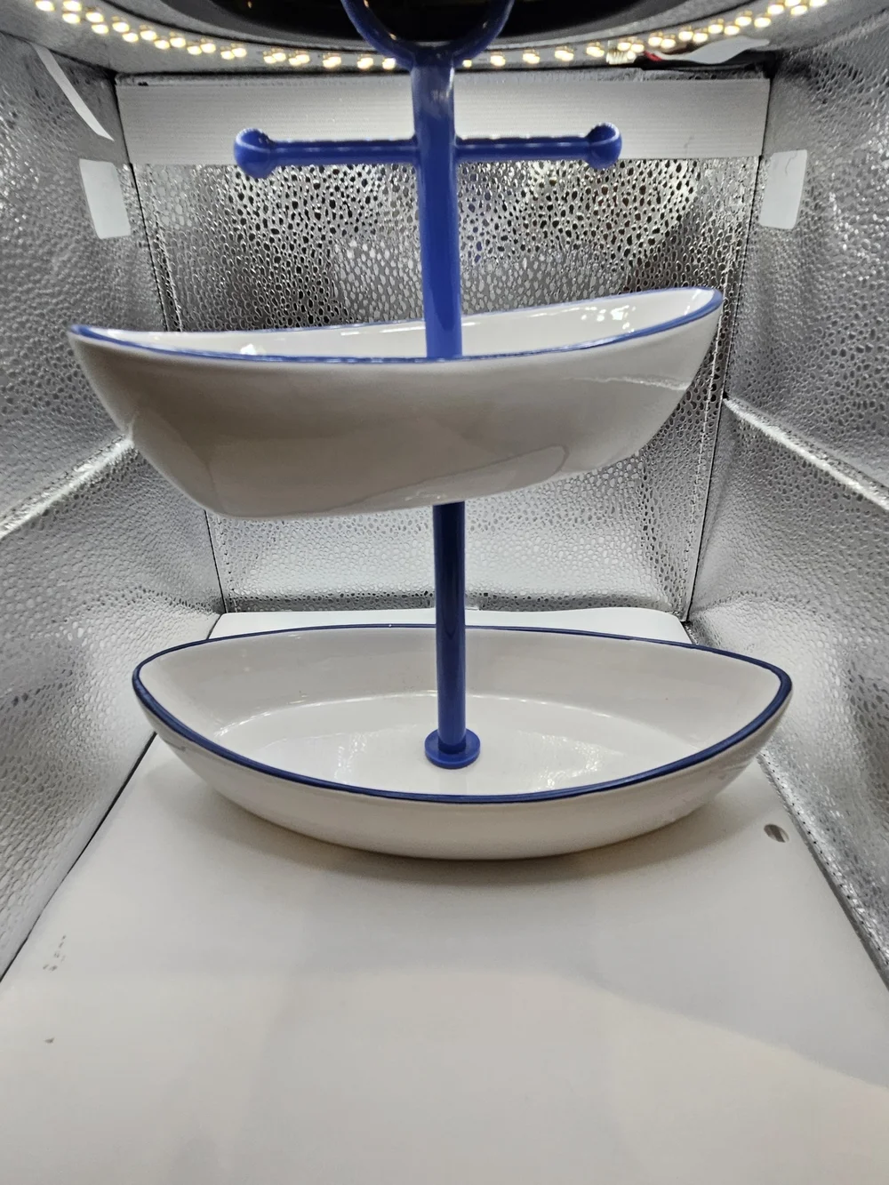 Two-Tier Boat Ceramic Tray with Blue Trim